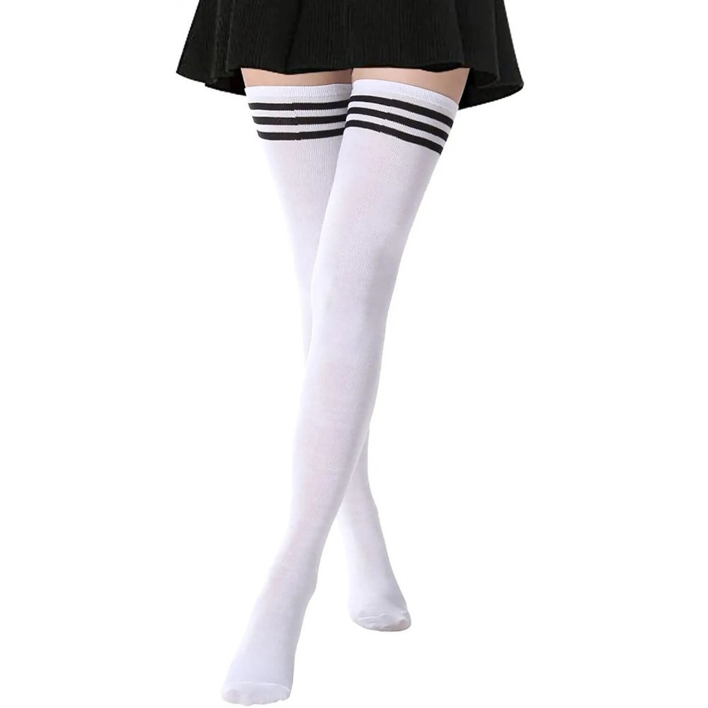 COPY - ExtraLong Thigh High Socks Stripe Stocking WHITE